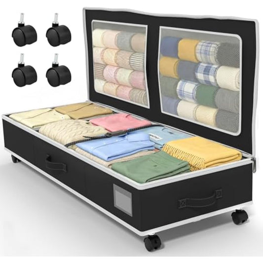 GoMaihe Under Bed Storage with Wheels: 70L Rolling Bins for Wrapping Paper Storage, Toys, Clothes - Includes Mesh Bag & Adjustable Dividers, Metal Frame Easy Pull-out Black 1-Pack