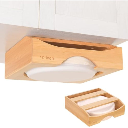 10-inch Paper Plate Dispenser Under Cabinet, Bamboo Paper Plate Holders, Kitchen Counter Vertical Plate Dispensers Holders Countertop Caddy(For 10-inch Plates, Bamboo)