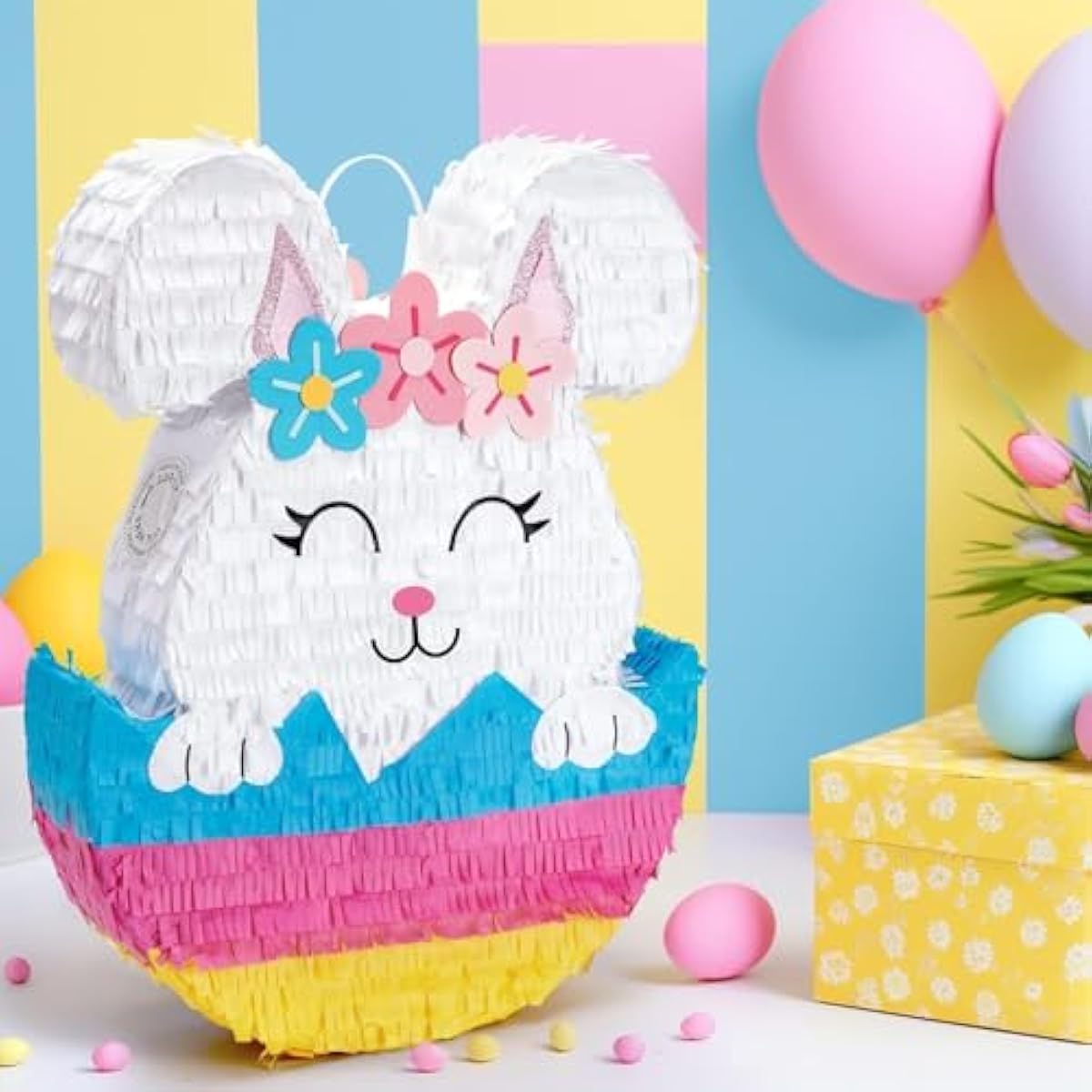 WERNNSAI Easter Bunny Piñata - Easter Rabbit Piñata Spring Pinata with Blindfold and Stick for Birthday Party Decoration Baby Shower School Activities Game Spring Party Game
