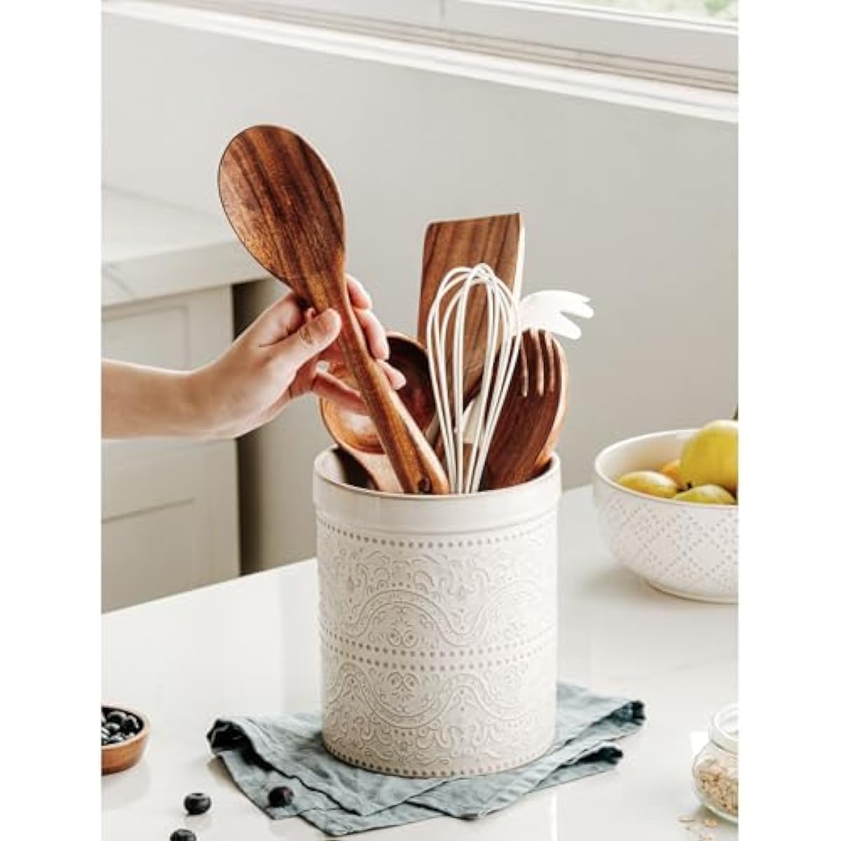 Kitchen Utensil Holder, 7 Inches Large Ceramic Utensil Holder for Countertop, Lace Emboss Cooking Utensil Crocks for Kitchen, Home Decor, Off-White