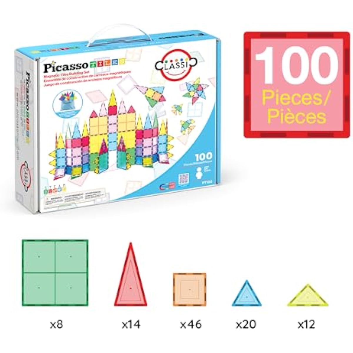 PicassoTiles 100 Piece Set 100pcs Magnet Building Tiles Clear Magnetic 3D Blocks Construction Playboards, Creativity Beyond Imagination, Inspirational, Recreational, Educational Conventional