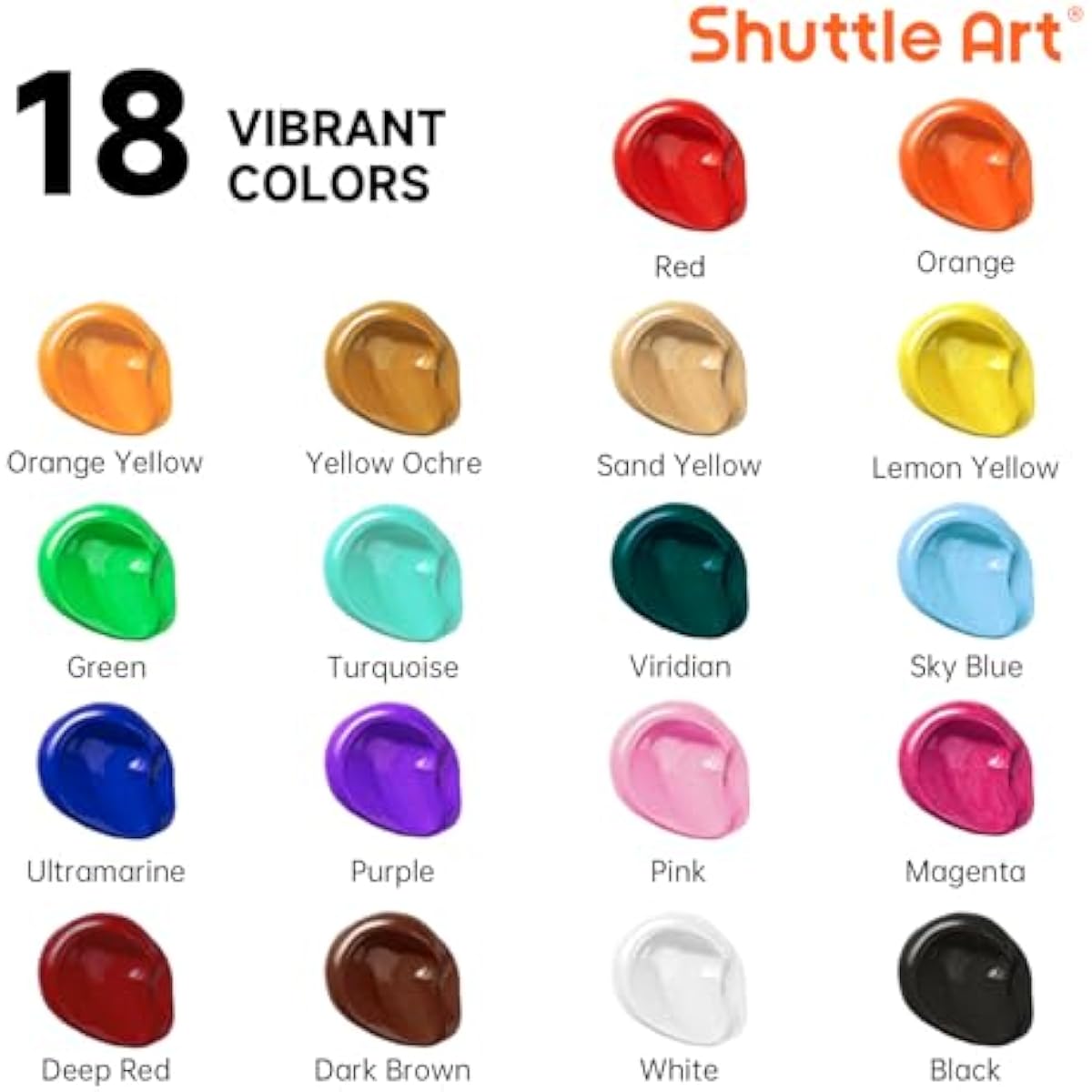 Shuttle Art 18 Colors Acrylic Paint Bottle Set (250ml/8.45oz), Rich Pigmented Bulk Painting Supplies for Artists, Beginners and Kids on Rocks Crafts Canvas Wood Ceramic
