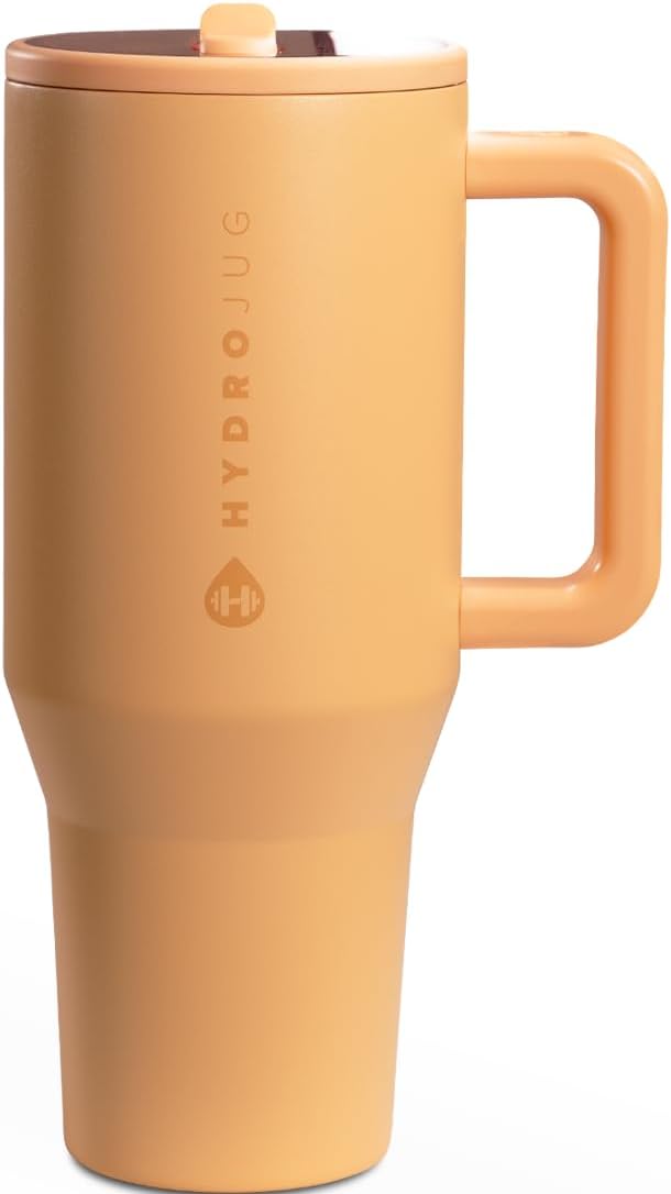 HydroJug Traveler - 32 oz Water Bottle with Handle & Flip Straw - Fits in Cup Holder, Leak Resistant Tumbler-Reusable Insulated Stainless Steel & Rubber Base - Gifts for Women & Men, Pink Sand