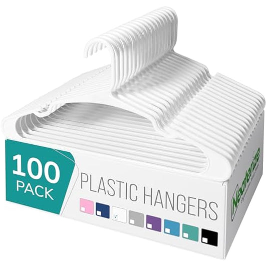 NEATERIZE Clothes Hangers Plastic 100 Pack for Adults - Plastic Hangers, The Perfect Coat Hanger and Space Saving Clothes Hangers for Closet - White Hangers