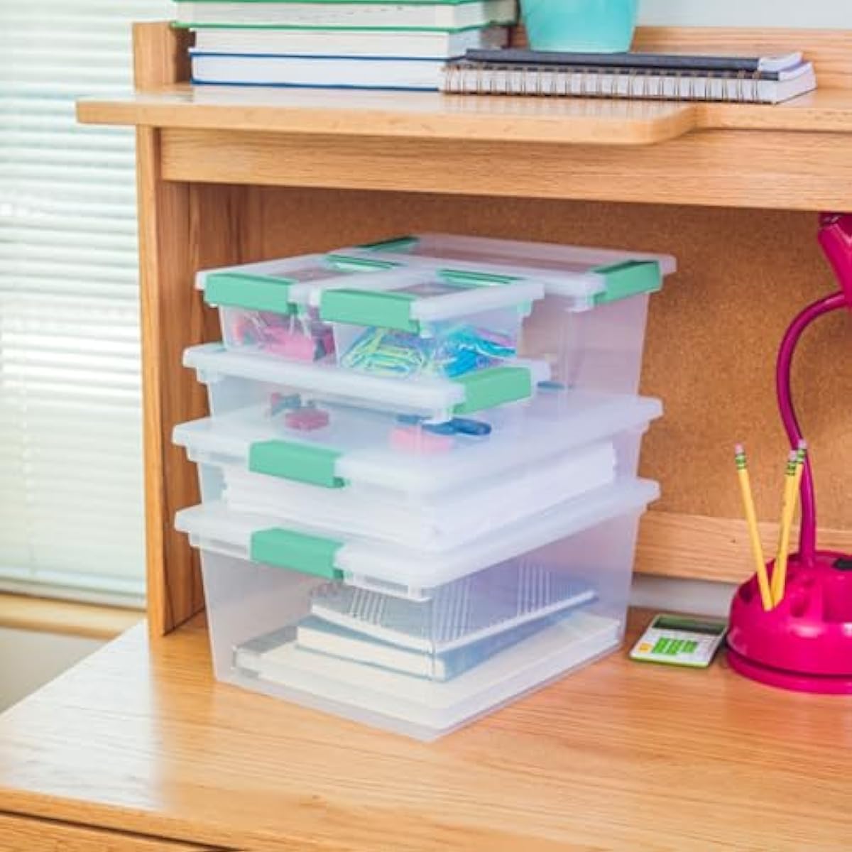 Sterilite 6-Pack Clip Box, Stackable Clear Plastic Bins with Latching Lids, Large - Writing, Arts or Crafts Supplies Storage Containers for Home, Office, Classroom and Workshop Organization