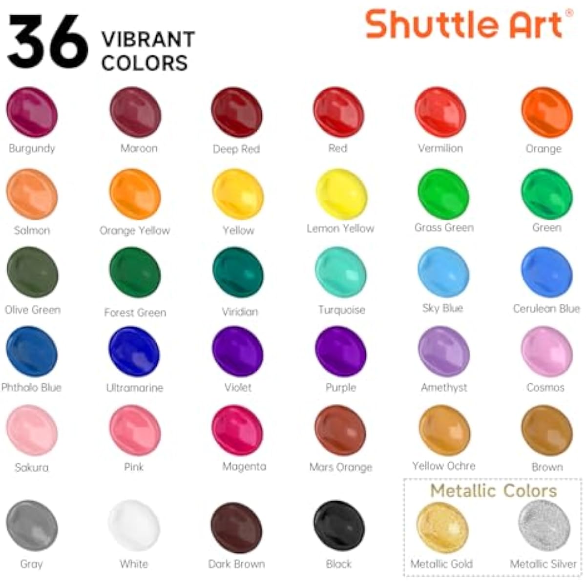 Shuttle Art Acrylic Paint, 36 Colors Acrylic Paint Set with Brushes & Palette, 2oz/60ml Bottles, Rich Pigments Non-toxic for Artists Kids & Adults, Painting on Canvas Rocks Ceramic Wood
