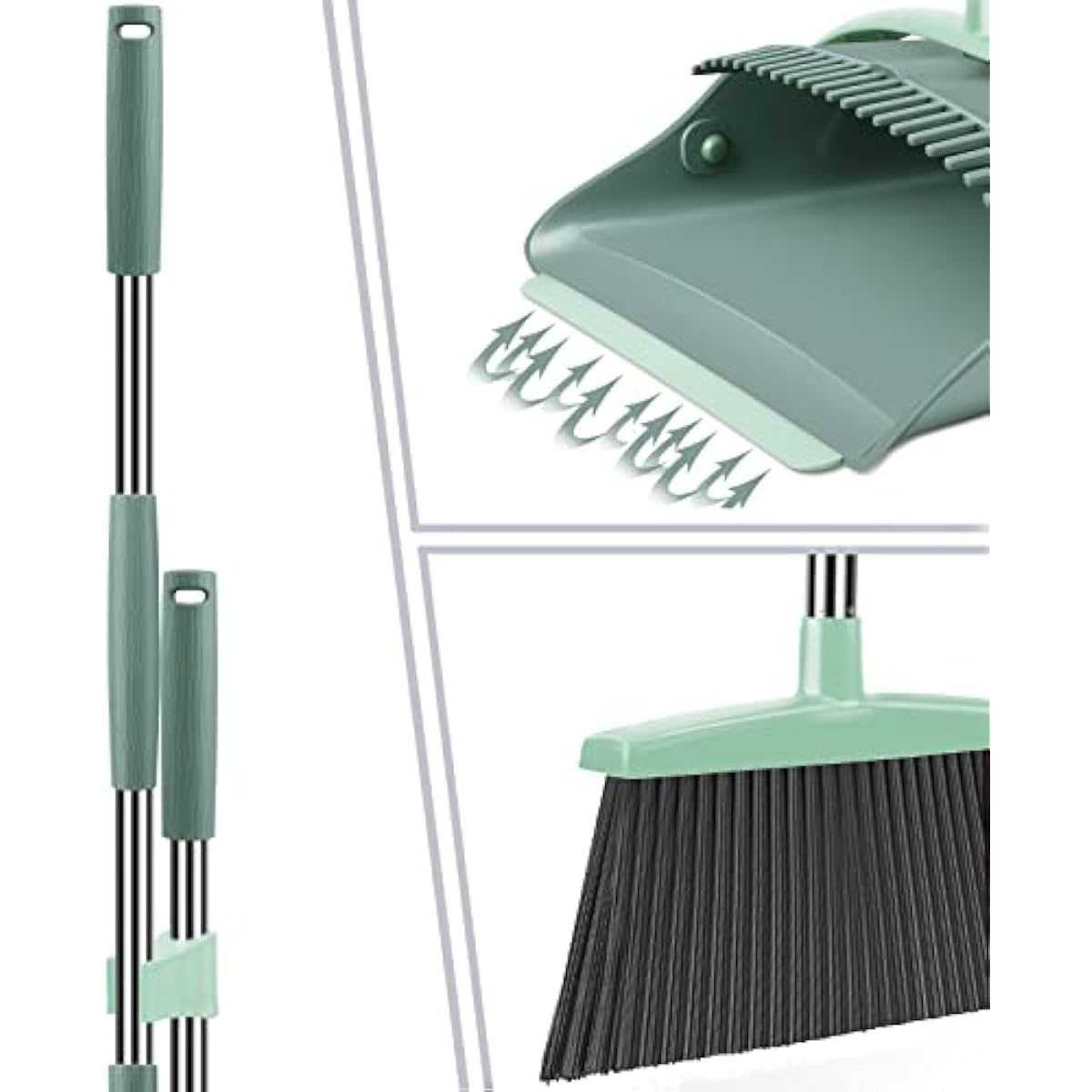Broom and Dustpan Set for Home, Dust pan with Long Handle, Broom with Dustpan Combo Set, for Home Kitchen Room Office Lobby Floor Use Upright Stand Up Sweeping (Gray&Green)