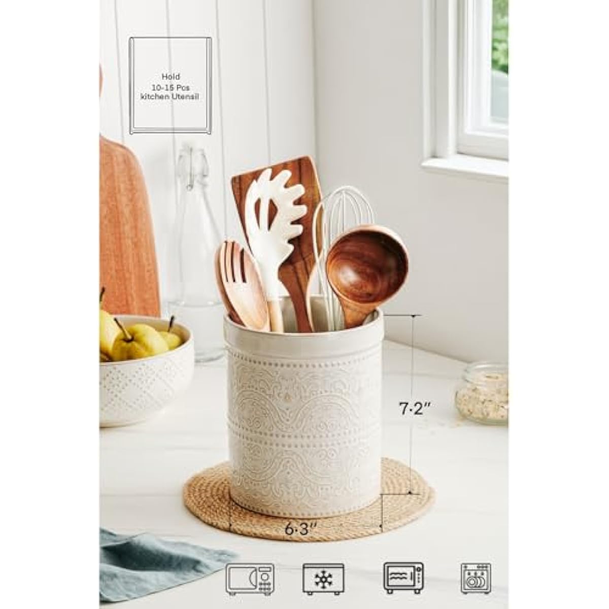 Kitchen Utensil Holder, 7 Inches Large Ceramic Utensil Holder for Countertop, Lace Emboss Cooking Utensil Crocks for Kitchen, Home Decor, Off-White