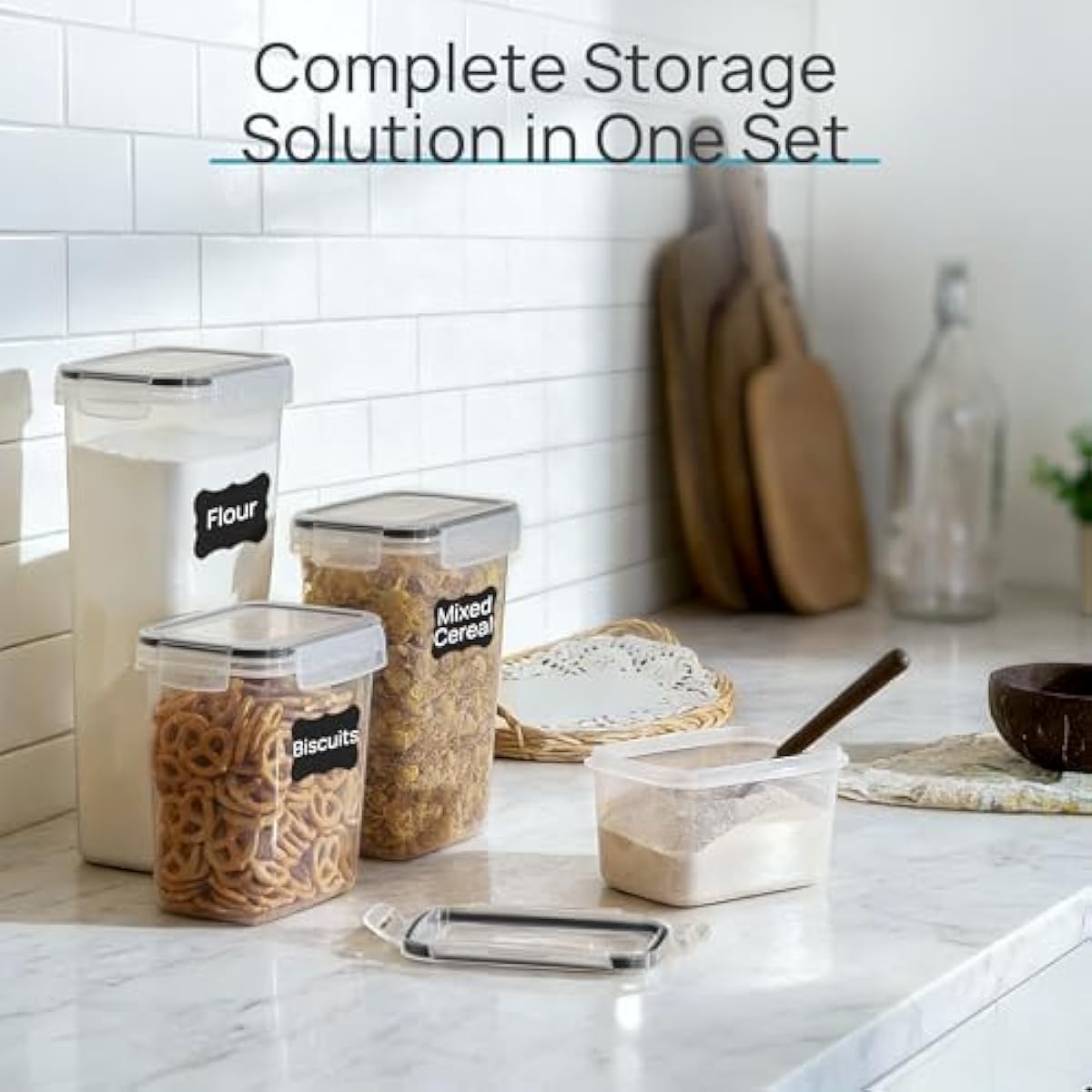 Airtight Food Storage Containers with Lids, Vtopmart 24 pcs Plastic Kitchen and Pantry Organization Canisters for Cereal, Dry Food, Flour and Sugar, BPA Free, Includes 24 Labels，Black