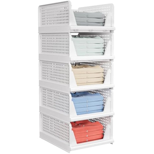5 Pack Stackable Closet Storage Basket - Stackable Storage Bins, Multifunctional & Foldable Closet Organizer Waterproof, Wardrobe Cupboard Space-Saving Hat Storage Drawer Organizer, White