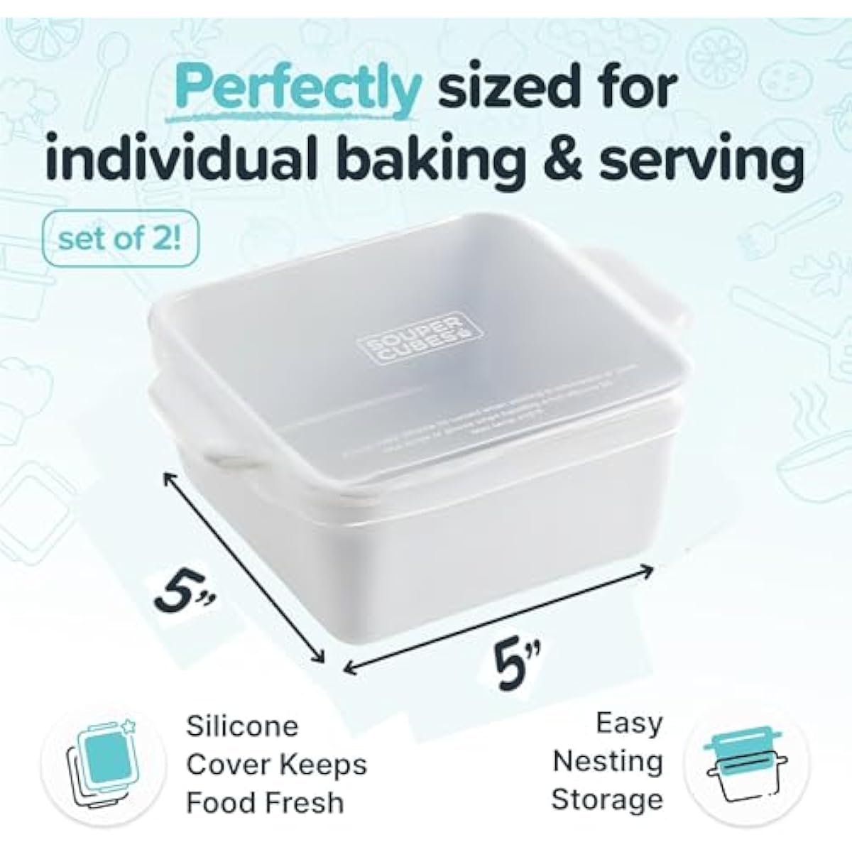 Souper Cubes Stoneware 2.0-5" x 5" Baking Dishes for Oven, Made in USA, Premium Mini Ceramic Baking Dishes with Silicone Covers for Individual Portions, Set of 2 - White