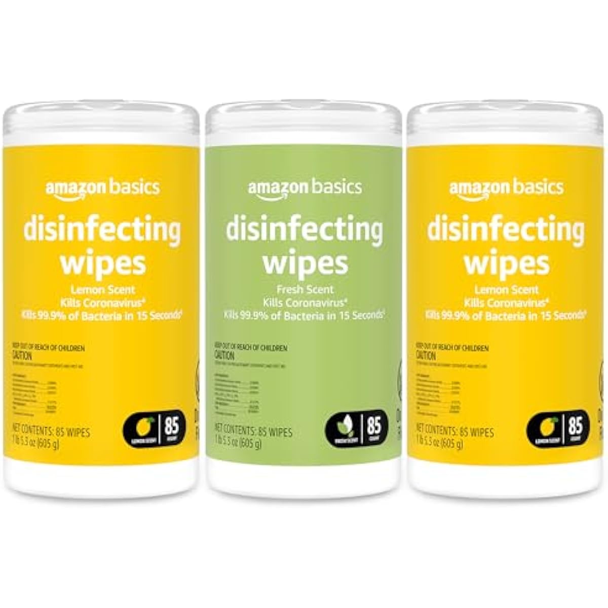 Amazon Basics Disinfecting Wipes, Lemon & Fresh Scent, Sanitizes/Cleans/Disinfects/Deodorizes, 255 Count (2 Packs Lemon, 1 Pack Fresh Scent)