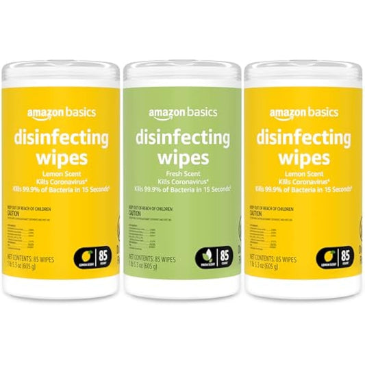 Amazon Basics Disinfecting Wipes, Lemon & Fresh Scent, Sanitizes/Cleans/Disinfects/Deodorizes, 255 Count (2 Packs Lemon, 1 Pack Fresh Scent)