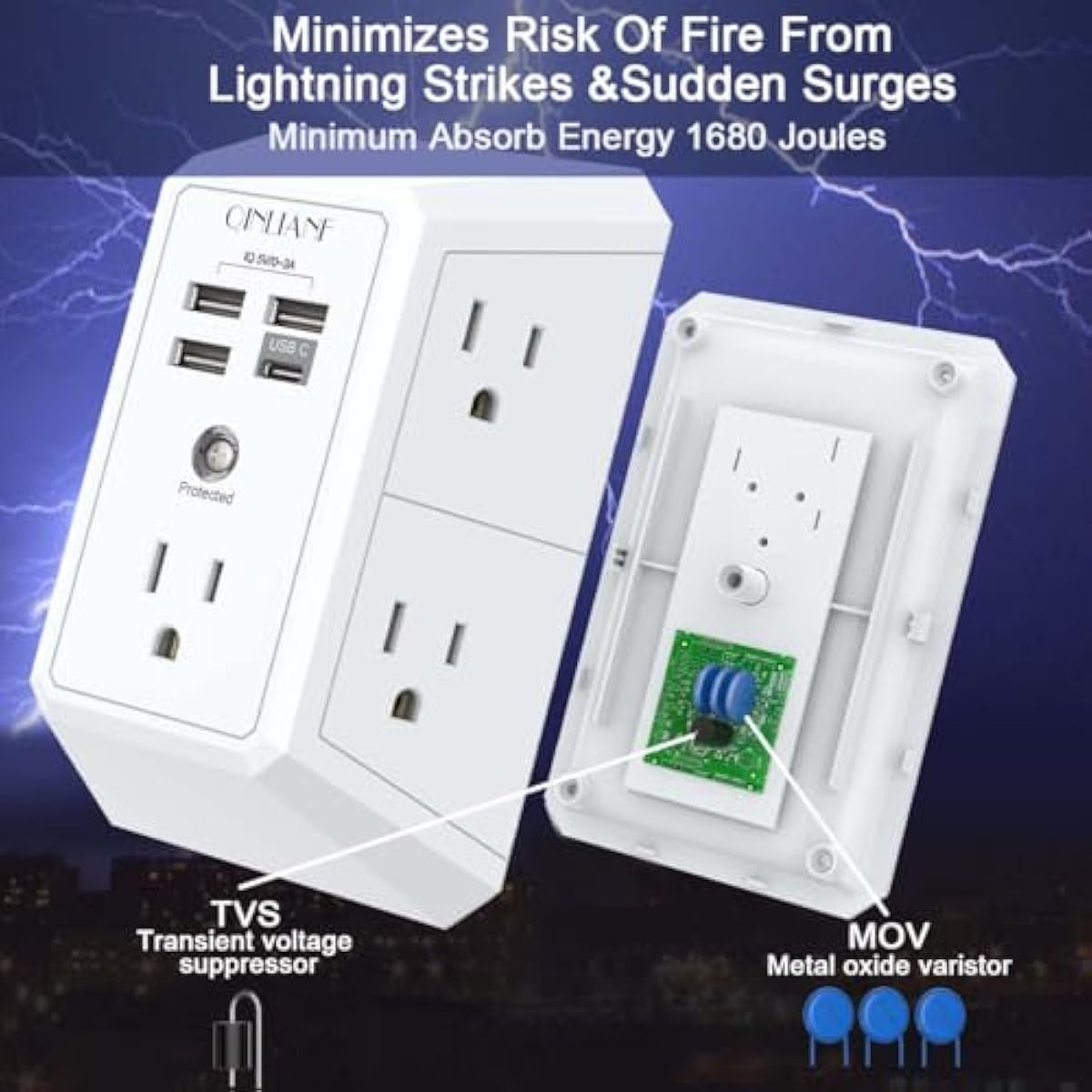 Wall Charger, Surge Protector, QINLIANF 5 Outlet Extender with 4 USB Charging Ports, 3-Sided 1680J Power Strip Multi Plug Adapter Spaced for Home Travel Office