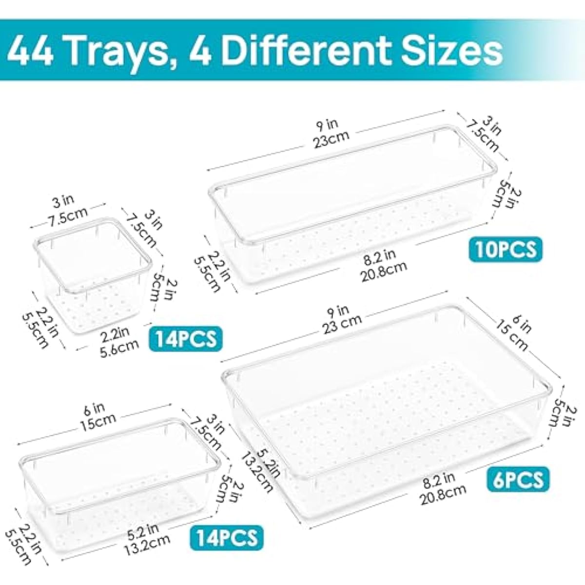 Vtopmart 44 PCS Clear Plastic Drawer Organizers Set, 4-Size Versatile Bathroom and Vanity Organizer Trays, Non-Slip Storage Containers for Makeup, Jewelries, Bedroom，Kitchen Utensils and Office