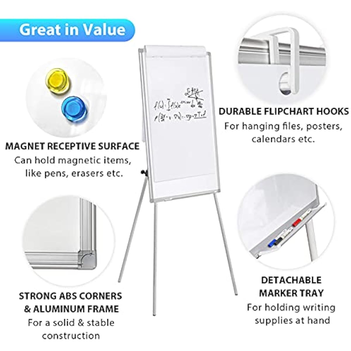Easel Whiteboard - Magnetic Portable Dry Erase 36 x 24 Tripod Height Adjustable, 3' x 2' Flipchart Easel Stand White Board for Office or Teaching at Home & Classroom (36x24 White)