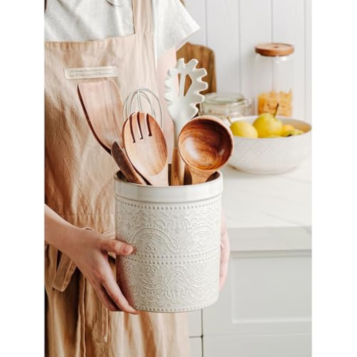 Kitchen Utensil Holder, 7 Inches Large Ceramic Utensil Holder for Countertop, Lace Emboss Cooking Utensil Crocks for Kitchen, Home Decor, Off-White