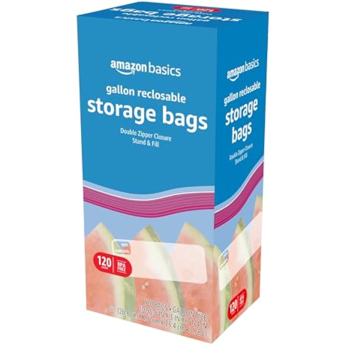 Amazon Basics Reclosable Gallon Food Storage Bags with Double Zipper Seal, Stand and Fill Base, BPA Free, 120 Count