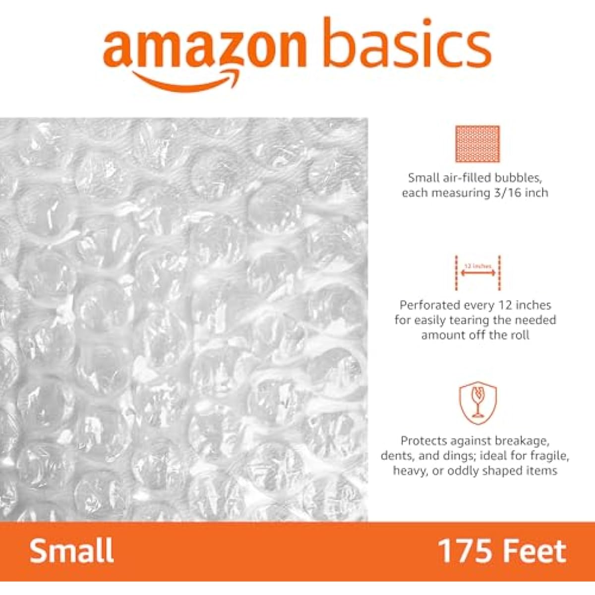Amazon Basics Bubble Wrap for Moving, Packing, Shipping and Storage, Perforated Protective Cushioning for Fragile Items, 12-inch x 175-ft Long Roll, Small 3/16", Clear