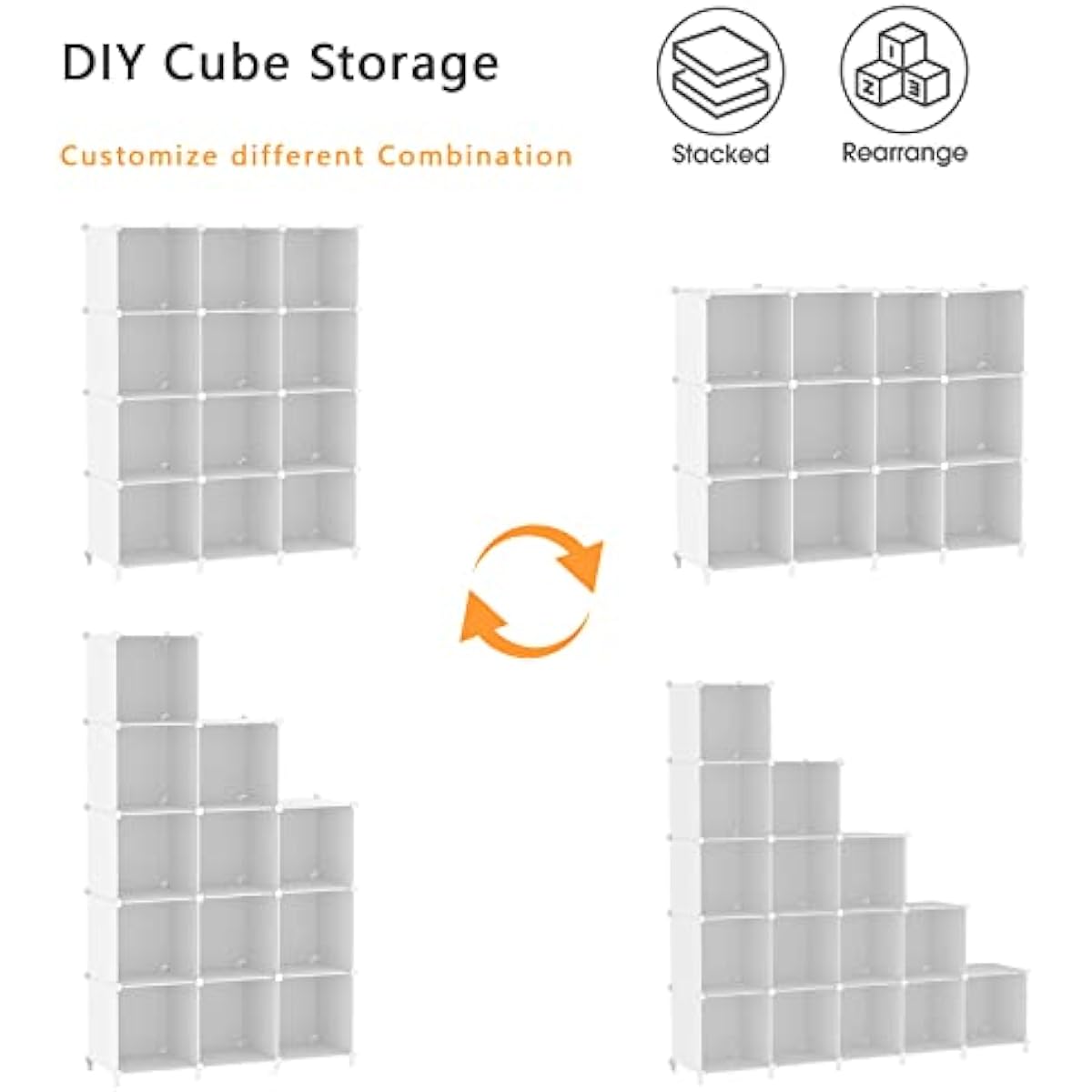 AWTATOS Cube Storage Organizer Storage 12 Cube Bookshelf DIY Plastic Closet Clothes Storage Shelves with Wooden Mallet, Stackable Storage Solution for Home, Bedroom, White