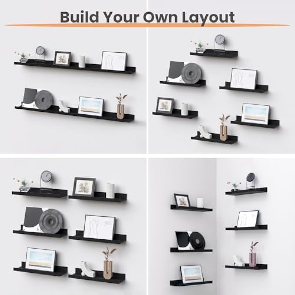 upsimples Floating Shelves for Wall, Wall Shelves for Decor Storage Set of 6, Wall Mounted Wood Shelf for Bedroom, Living Room, Bathroom, Kitchen, Picture Ledge Shelf, Black