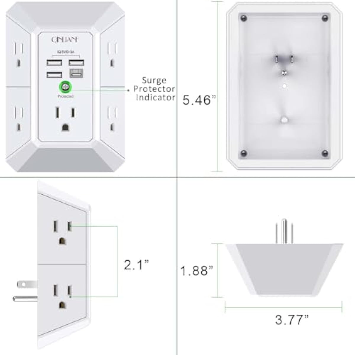 Wall Charger, Surge Protector, QINLIANF 5 Outlet Extender with 4 USB Charging Ports, 3-Sided 1680J Power Strip Multi Plug Adapter Spaced for Home Travel Office