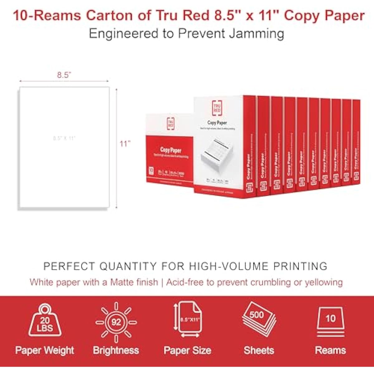 TRU RED 8.5x11 Copy Paper 20 lb. 92-Bright 5000 Sheets/Carton, For Office, School & Home