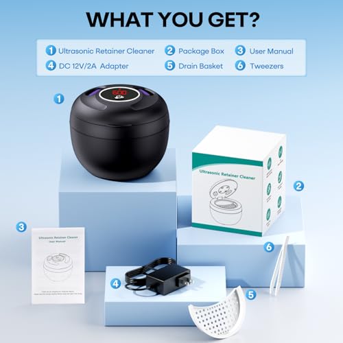 Upgraded Ultrasonic Retainer Cleaner Machine, 45kHz Ultrasonic Dentures Cleaner for Night Guards, Braces, Aligner, Toothbrush, Jewelry and More, 200ML Capacity, Black1