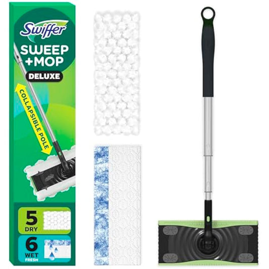 Swiffer Sweep & Mop Deluxe 2-in-1 Multi-Surface Kit for Floor Cleaning, Includes 1 Sweeper Device, 5 Dry Sweeping + 6 Wet Mopping Heavy Duty Cloths, Black