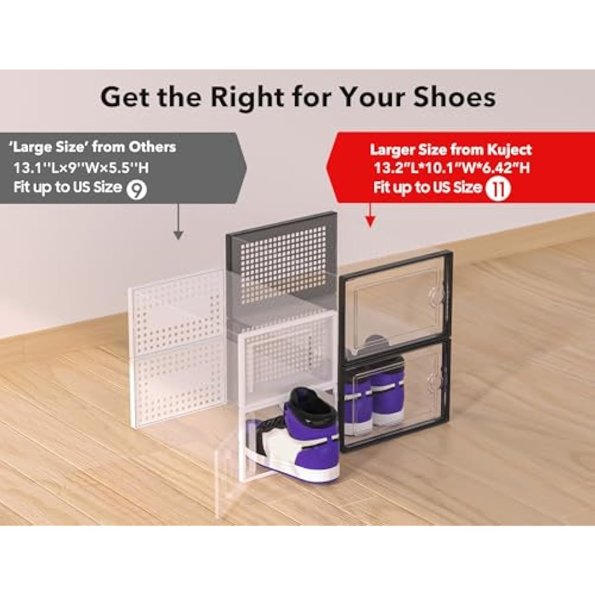 Kuject X-Large Shoe Storage Boxes Organizers Clear Plastic Stackable 12 Pack, Shoe Rack & Holder Substitute, Sneaker Containers, Toy Storage Organizer Bins for Entryway, Closet, Under Bed, Black