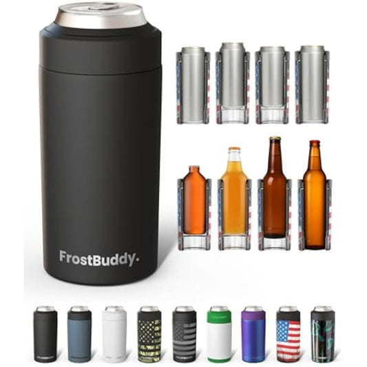 Frost Buddy Universal Can Cooler - Fits All - For Regular 12 & 16 oz or Slim-Size Bottles - Insulated Double-Walled Stainless Steel (MatteBlack)