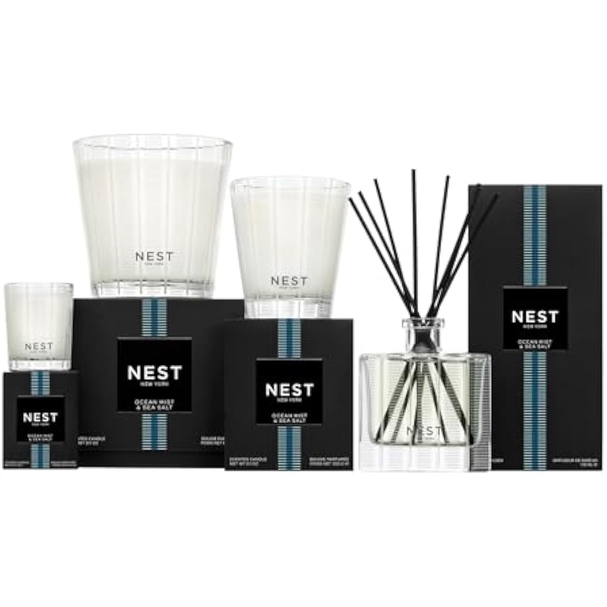 NEST New York Reed Diffuser, Ocean Mist & Sea Salt - 5.9 fl oz - Fragrance for Up to 90 Days - Reusable, Refillable Glass Holder - Includes 8 All-Natural Reed Sticks - Flame Free