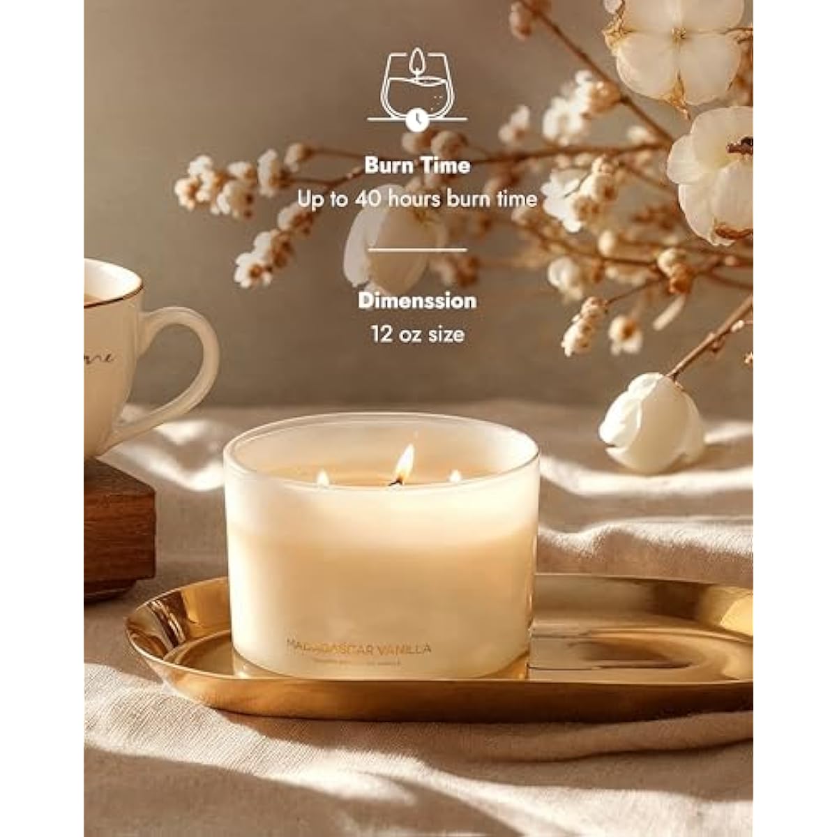 96NORTH Luxury Vanilla Soy Candles | Large 3 Wick Jar Candle | Up to 50 Hours Burning Time | 100% Natural Soy Wax | Relaxing Aromatherapy Aesthetic Candle | Housewarming Gift for Men and Women