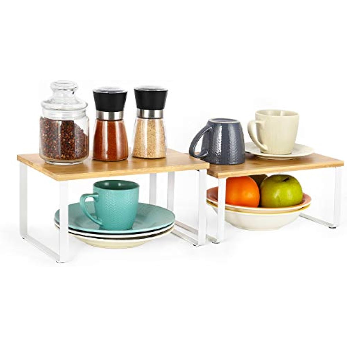 NEX Bamboo Kitchen Cabinet and Counter Shelf Organizer, Stackable & Expandable, Set of 4, White and Natural