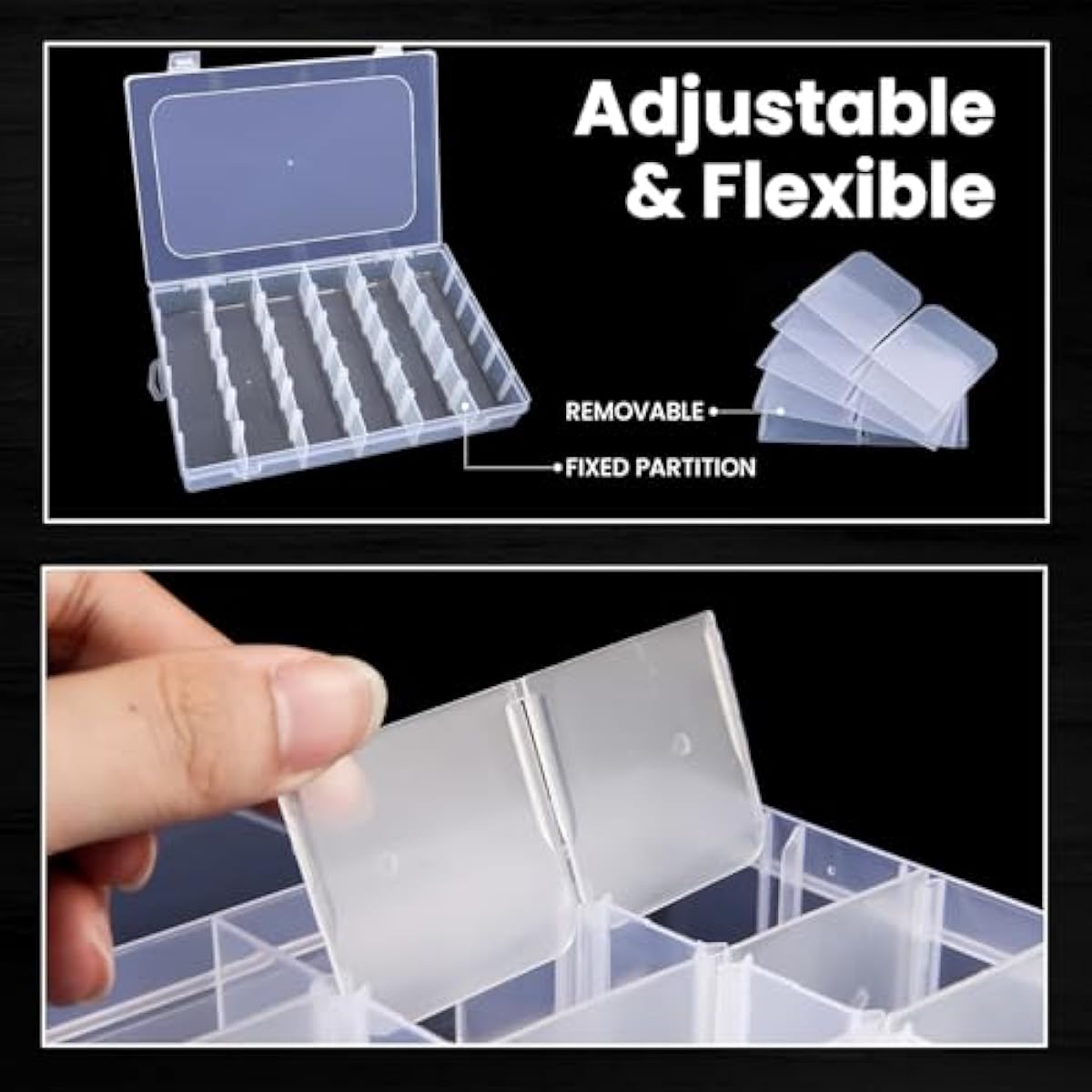 4pack 36 Grids Plastic Clear Organizer Box Bead Storage Containers with Adjustable Dividers for Craft Jewelry Fishing Tackles Parts Storage with 4 Sheets Label Stickers