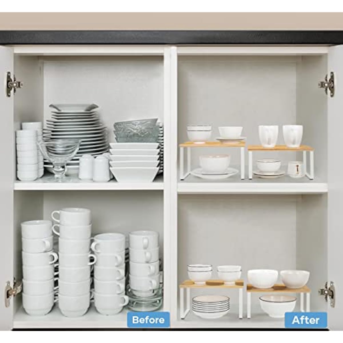 NEX Bamboo Kitchen Cabinet and Counter Shelf Organizer, Stackable & Expandable, Set of 4, White and Natural