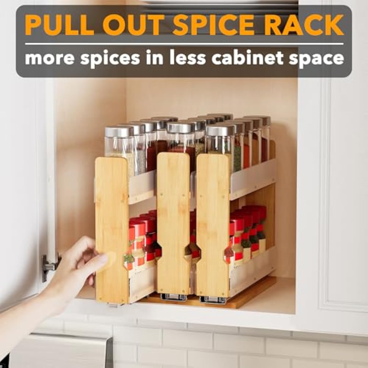 SpaceAid Bamboo Pull Out Spice Rack Organizer for Cabinet, Heavy Duty Slide Out Seasoning Kitchen Pantry Sliding Vertical Organization, 7.6" Wide, 3 Drawers(2" Wide), 2-Tier, Natural
