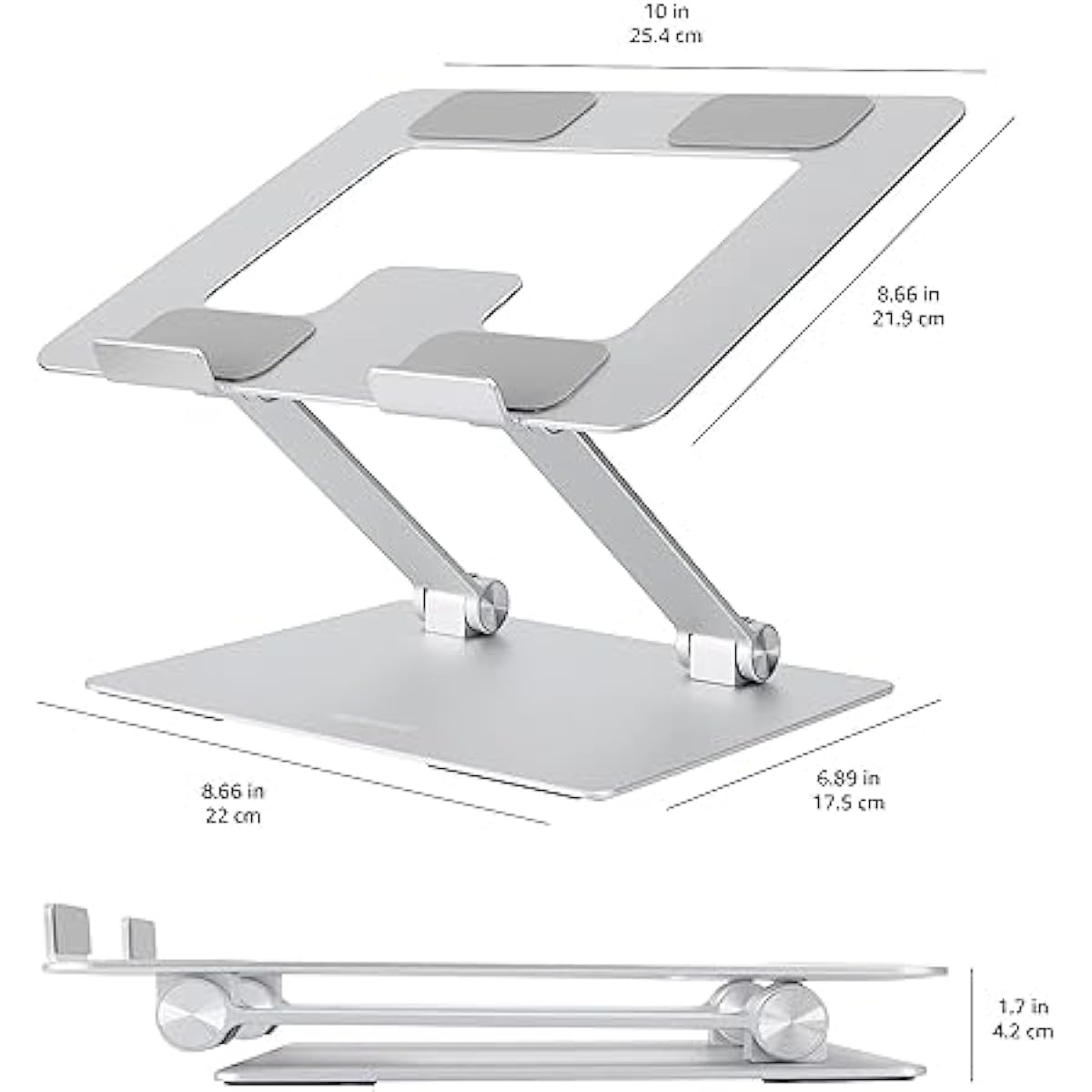 Amazon Basics Sturdy and Portable Ergonomic Laptop Stand for Desk, Height Adjustable Riser with Ventilated Cooling, Foldable, Fits all Laptops up to 17.3 Inch, Silver, 10 x 8.7 x 6 in