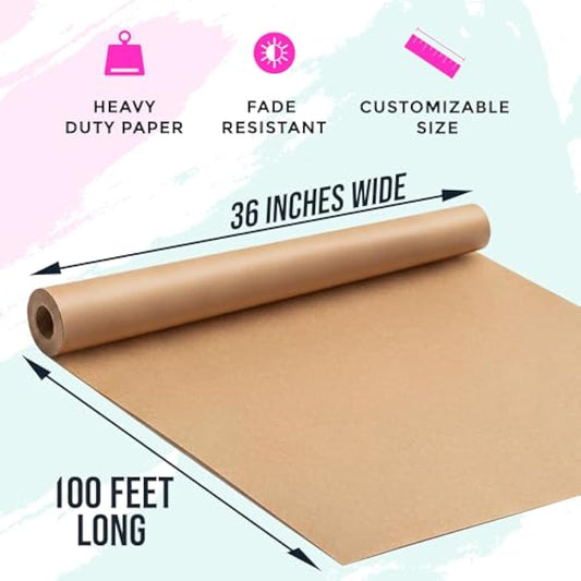 Large Brown Kraft Paper Roll - 36" x 1200" (100 ft) - Made in USA - Ideal for Gift Wrapping, Packing, Moving, Postal, Shipping, Parcel, Wall Art, Crafts, Bulletin Boards, Floor Cover or Table Runner