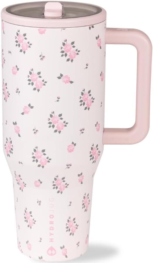 HydroJug Traveler - 32 oz Water Bottle with Handle & Flip Straw - Fits in Cup Holder, Leak Resistant Tumbler-Reusable Insulated Stainless Steel & Rubber Base - Gifts for Women & Men, Pink Sand