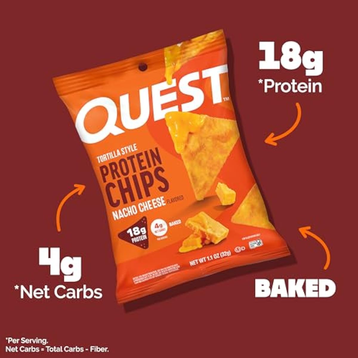 Quest Nutrition Nacho Cheese Tortilla Style Protein Chips, 18g Protein, 4g Net Carb, Low Carb, Gluten Free, 1.1 oz (Pack of 12)