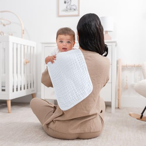 Comfy Cubs Muslin Burp Cloths 20" x 10", Pack of 6 - Large, 6-Layer, Ultra Absorbent 100% Cotton for Baby Spit-Up, Drool, and Messes - Soft, Safe & Gentle Baby Burp Cloths Set for Boys & Girls - White