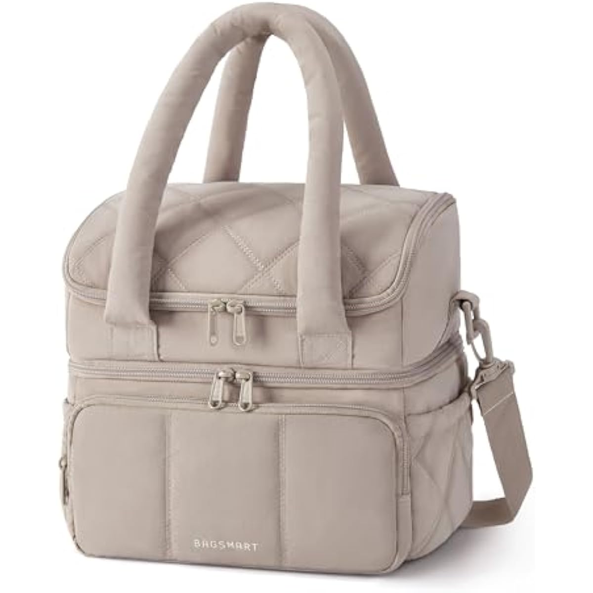 BAGSMART Lunch Bag Women, Double Deck Insulated Lunch Box, Quilted Puffer Lunch Tote, Leakproof, Durable & Reusable Large Lunch Cooler For Work Picnic Travel Meal Prep, Camel
