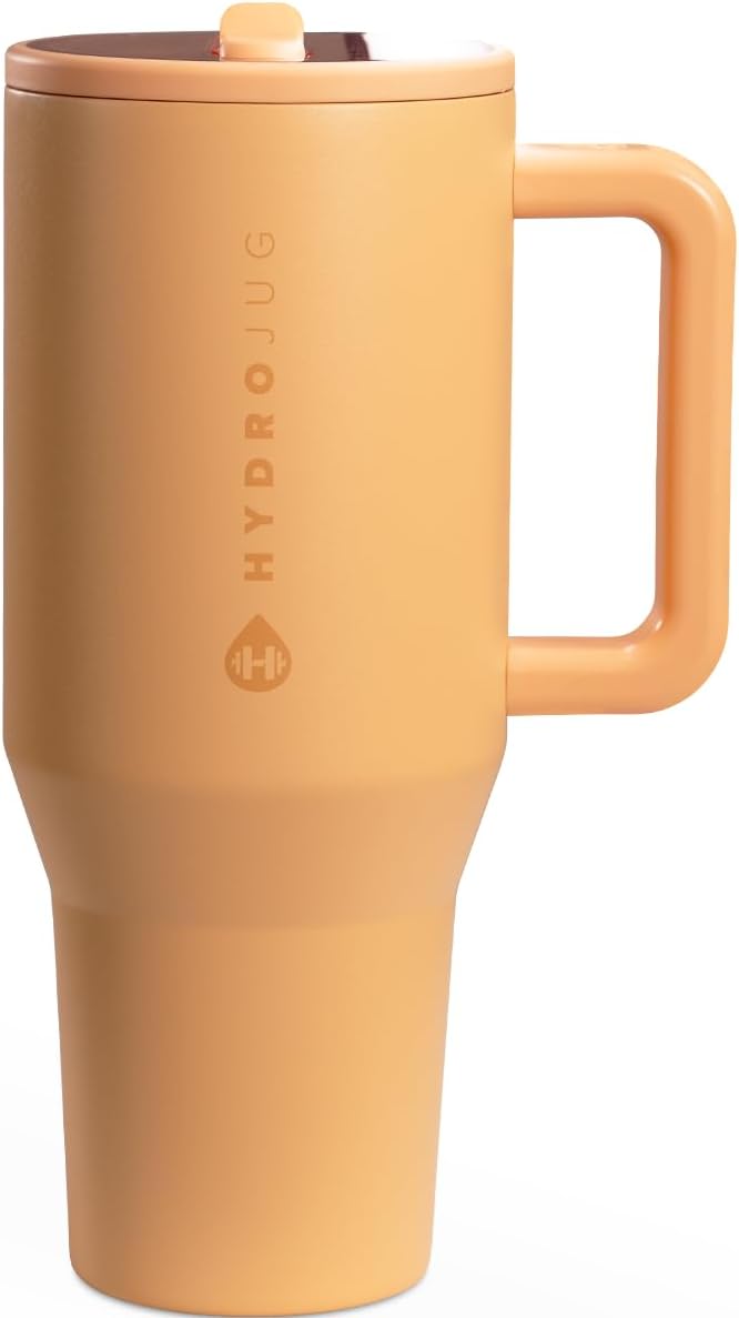 HydroJug Traveler - 32 oz Water Bottle with Handle & Flip Straw - Fits in Cup Holder, Leak Resistant Tumbler-Reusable Insulated Stainless Steel & Rubber Base - Gifts for Women & Men, Pink Sand