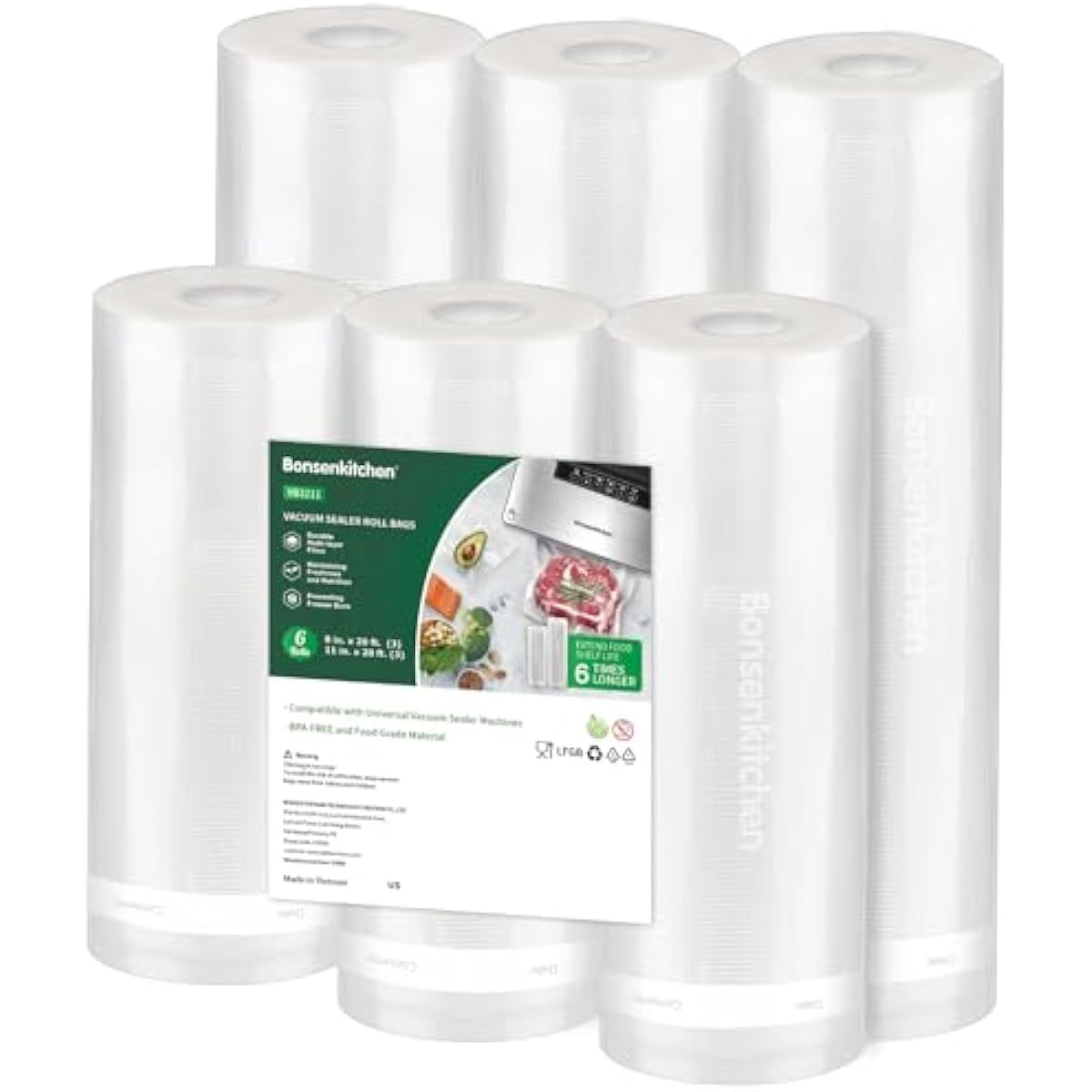 Bonsenkitchen Vacuum Sealer Rolls Bags, 6 Pack 3 Rolls 11" x 20' + 3 Rolls 8" x 20' Commercial Grade BPA Free Bag Rolls, Durable Customized Size Food Vac Bags for Storage and Sous Vide Cooking VB3211