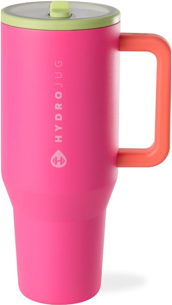 HydroJug Traveler - 32 oz Water Bottle with Handle & Flip Straw - Fits in Cup Holder, Leak Resistant Tumbler-Reusable Insulated Stainless Steel & Rubber Base - Gifts for Women & Men, Pink Sand