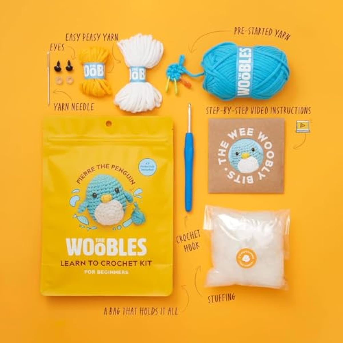 The Woobles Crochet Kit for Beginners - Easy Arts and Crafts Knitting & Crochet Animals Kit As Seen On Shark Tank - Pierre The Penguin