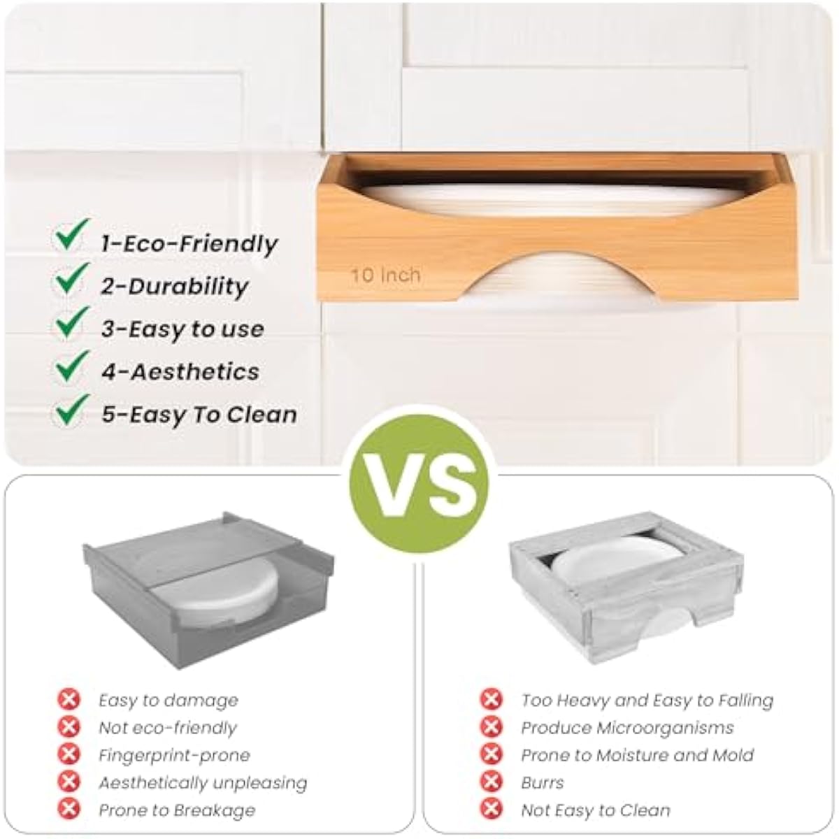 10-inch Paper Plate Dispenser Under Cabinet, Bamboo Paper Plate Holders, Kitchen Counter Vertical Plate Dispensers Holders Countertop Caddy(For 10-inch Plates, Bamboo)