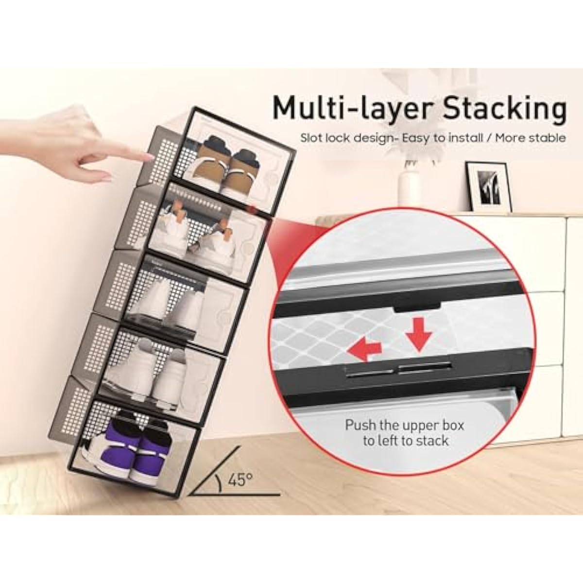 Kuject X-Large Shoe Storage Boxes Organizers Clear Plastic Stackable 12 Pack, Shoe Rack & Holder Substitute, Sneaker Containers, Toy Storage Organizer Bins for Entryway, Closet, Under Bed, Black