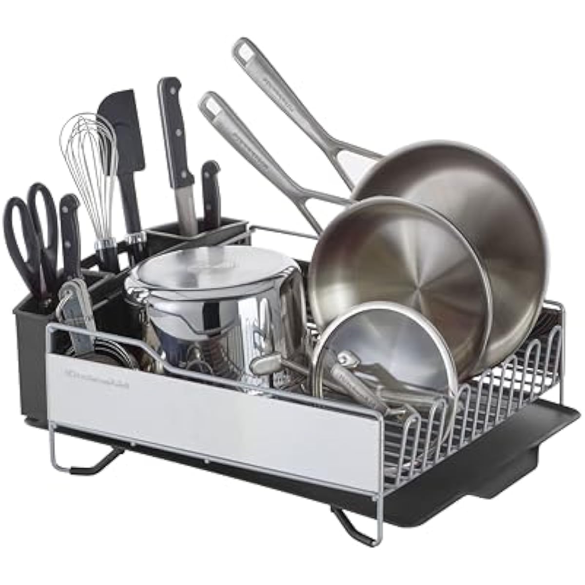 KitchenAid Large Capacity Full Size Rust Resistant Dish Rack with Angled Drain Board and Removable Flatware Caddy, Light Grey